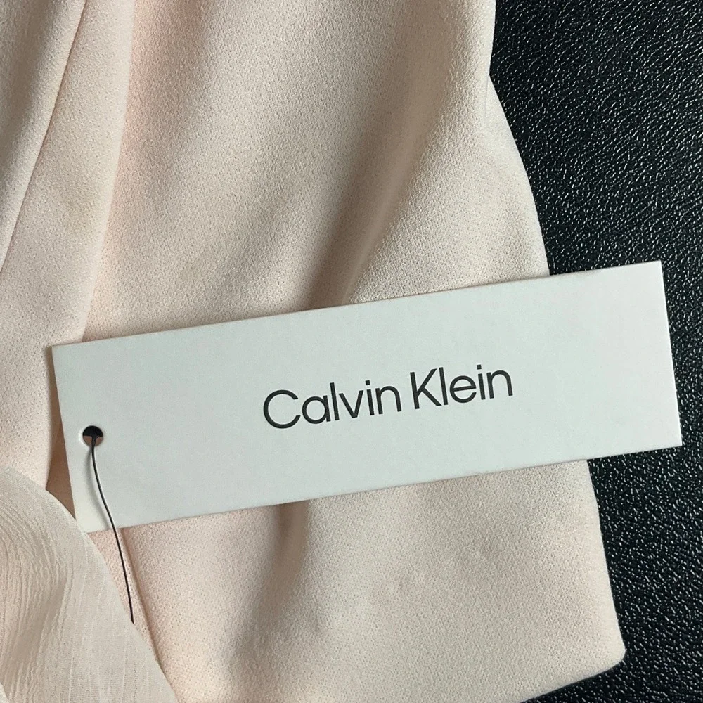 Calvin Klein Dress Women's Sz 16 Sheer Sleeve Mock Neck Bow‎ Blush Pink Formal - Picture 9 of 15